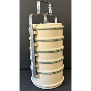 Cream green enamel tiffin vintage antique lunchbox LARGE 5 tier Kockums Sweden